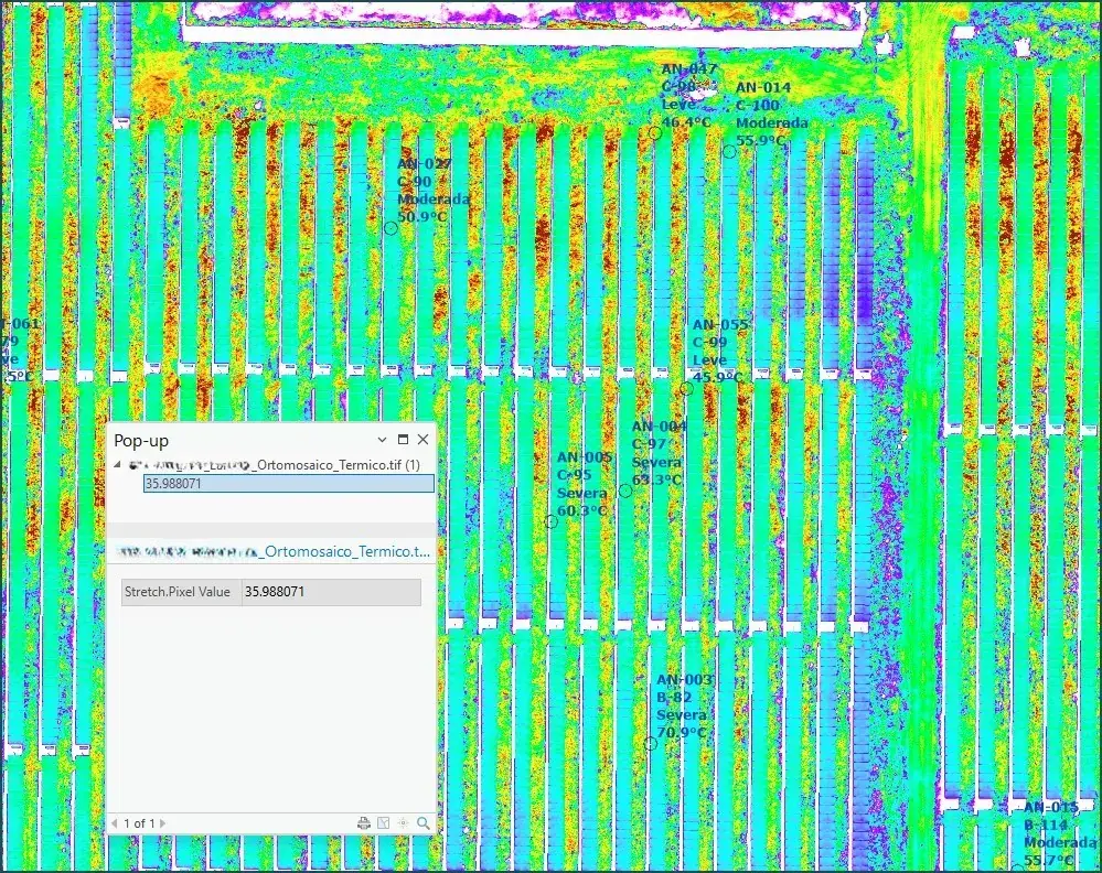 Mapa térmico georreferenciado con fallas detectadas en planta FV